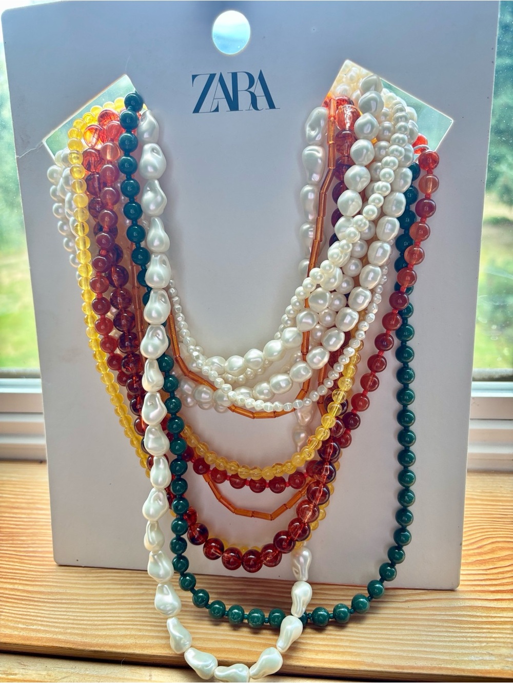 Zara Layered Multistrand Necklace in Green, Red, Yellow & Pearl New